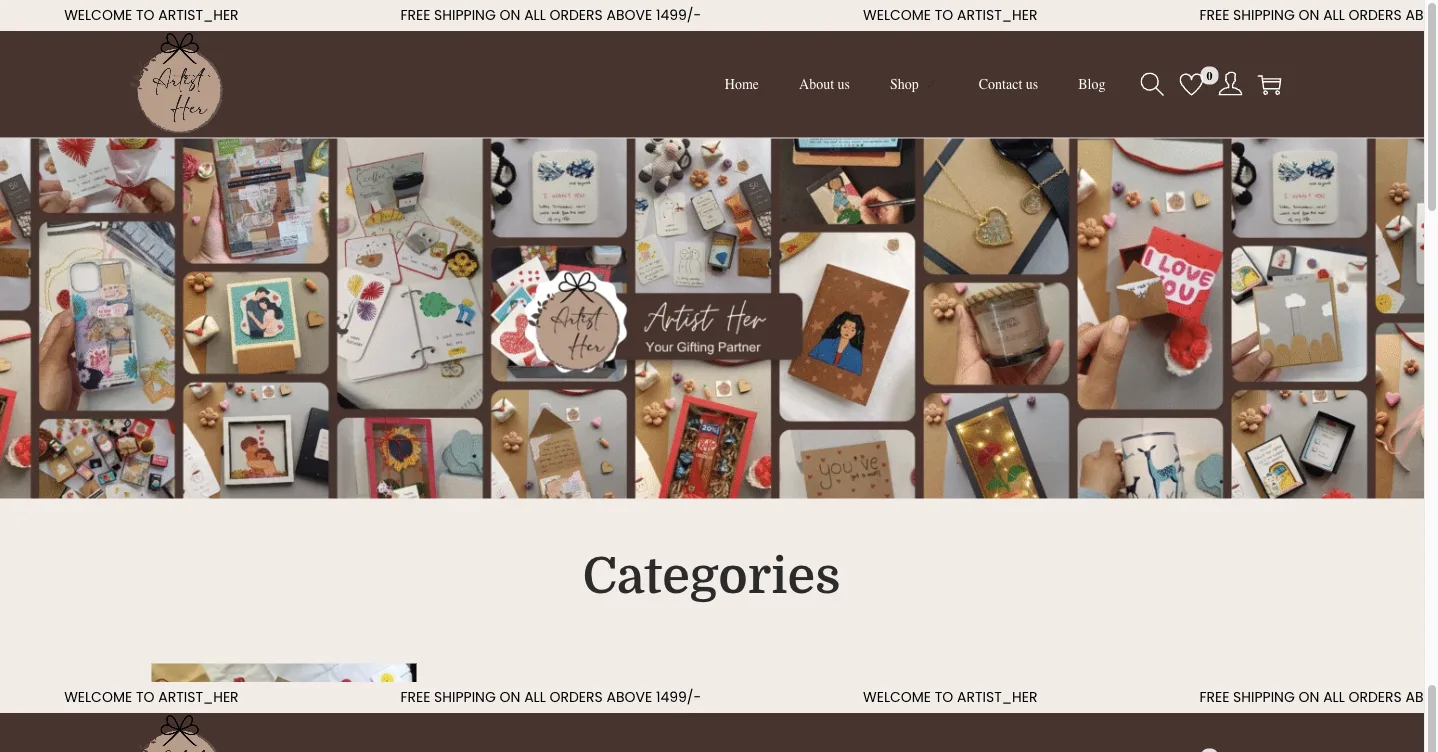 ArtistHer homepage — handmade gifting collage hero with the Artist Her brand mark