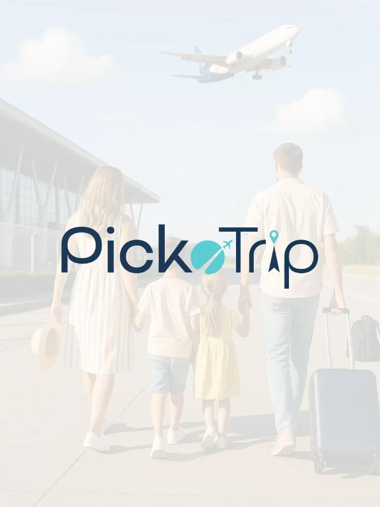 PickoTrip family banner — family walking towards the airport, logo overlay