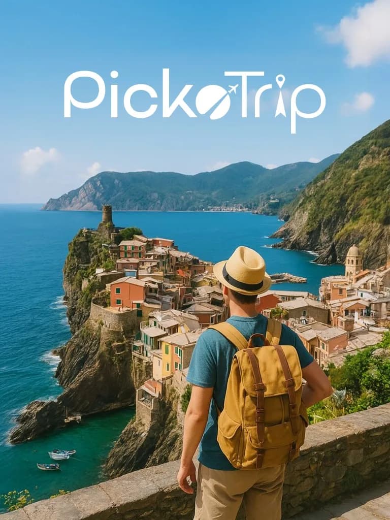 PickoTrip solo traveler banner — coastal village hero with knockout logo
