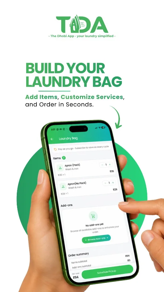 TDA app banner — Build Your Laundry Bag, add items, customize services and order in seconds, laundry bag screen
