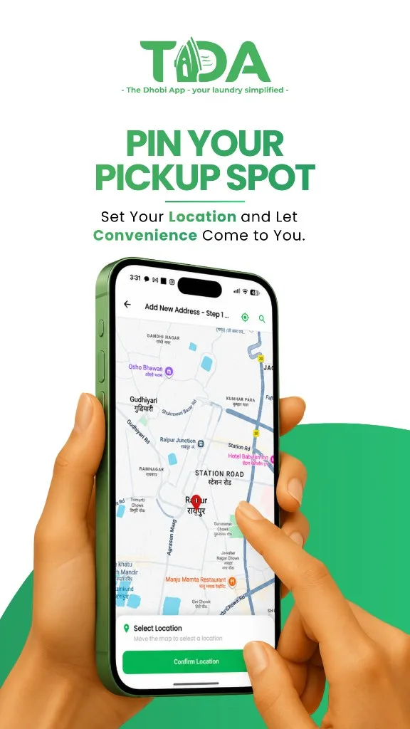 TDA app banner — Pin Your Pickup Spot, set your location and let convenience come to you, map address screen