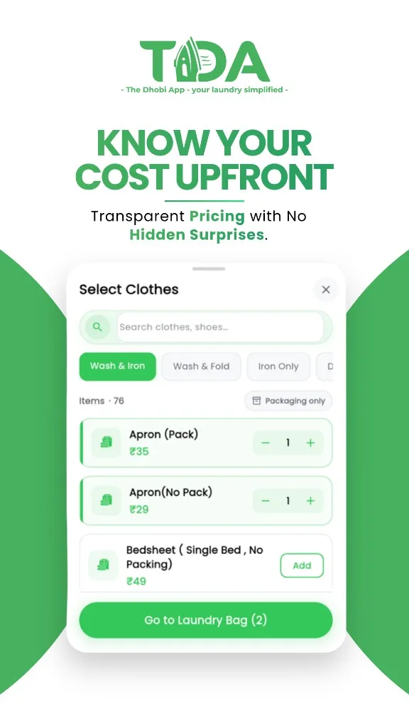 TDA app banner — Know Your Cost Upfront, transparent pricing with no hidden surprises, item picker screen