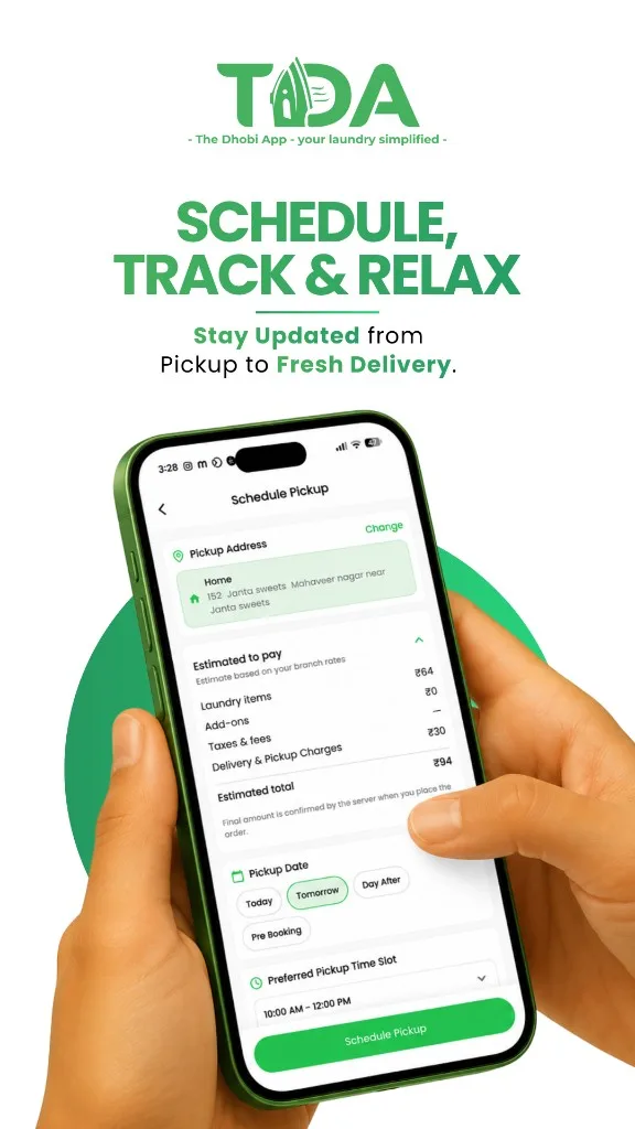 TDA app banner — Schedule, Track and Relax, stay updated from pickup to fresh delivery, schedule pickup screen