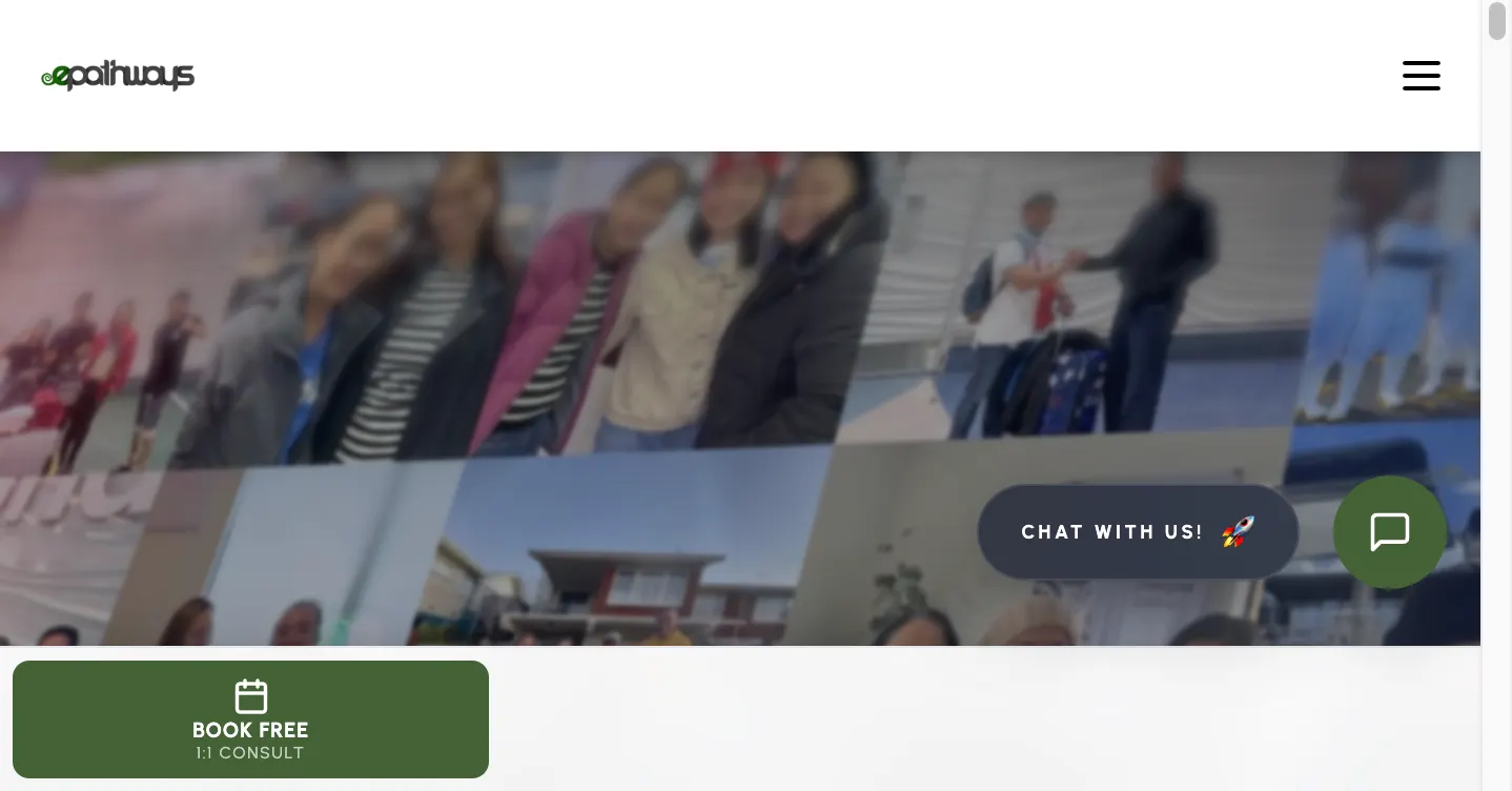 ePathways homepage — collage of NZ-bound students above the booking CTA