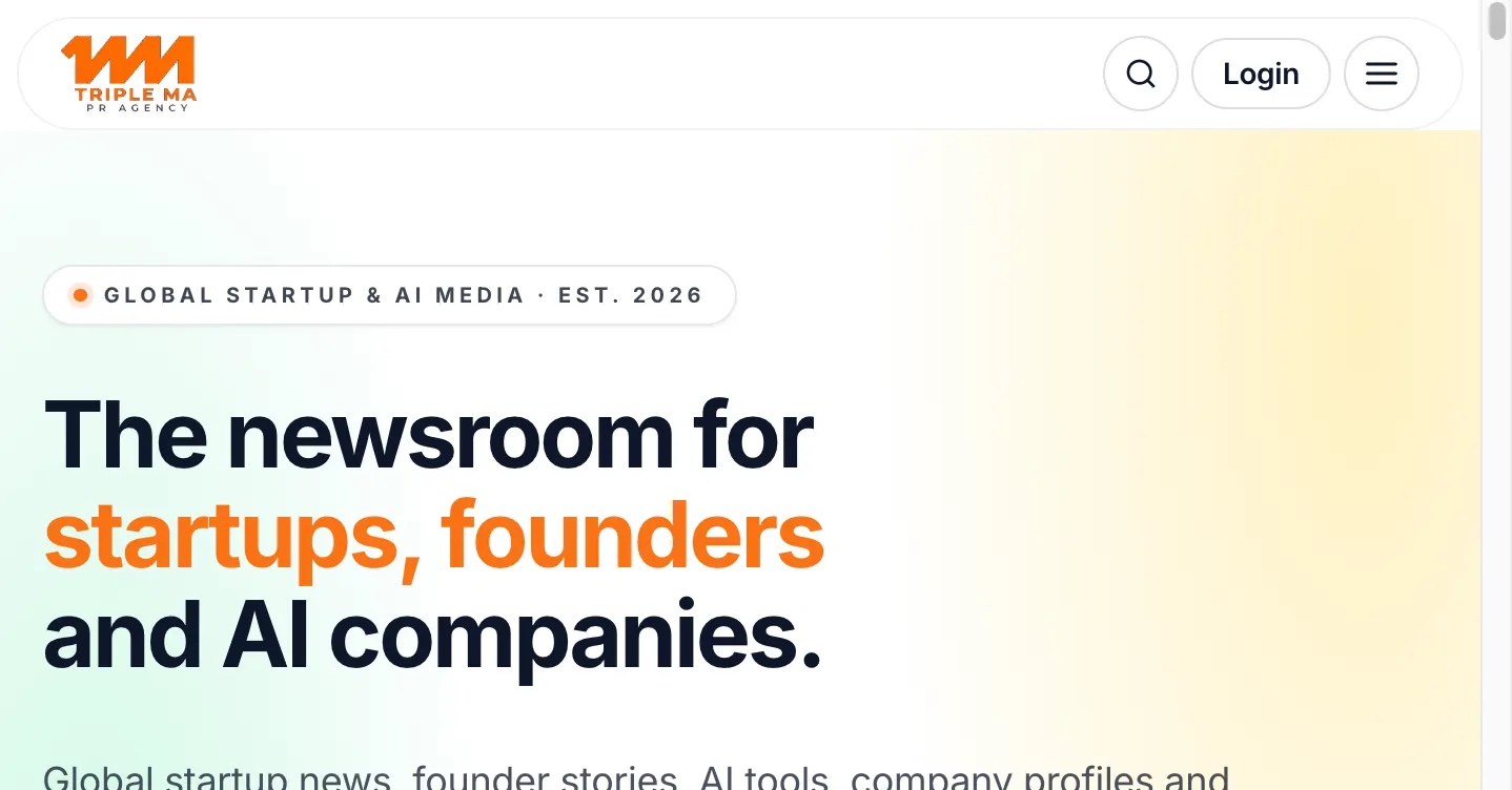 Triple Ma homepage — 'The newsroom for startups, founders and AI companies' headline