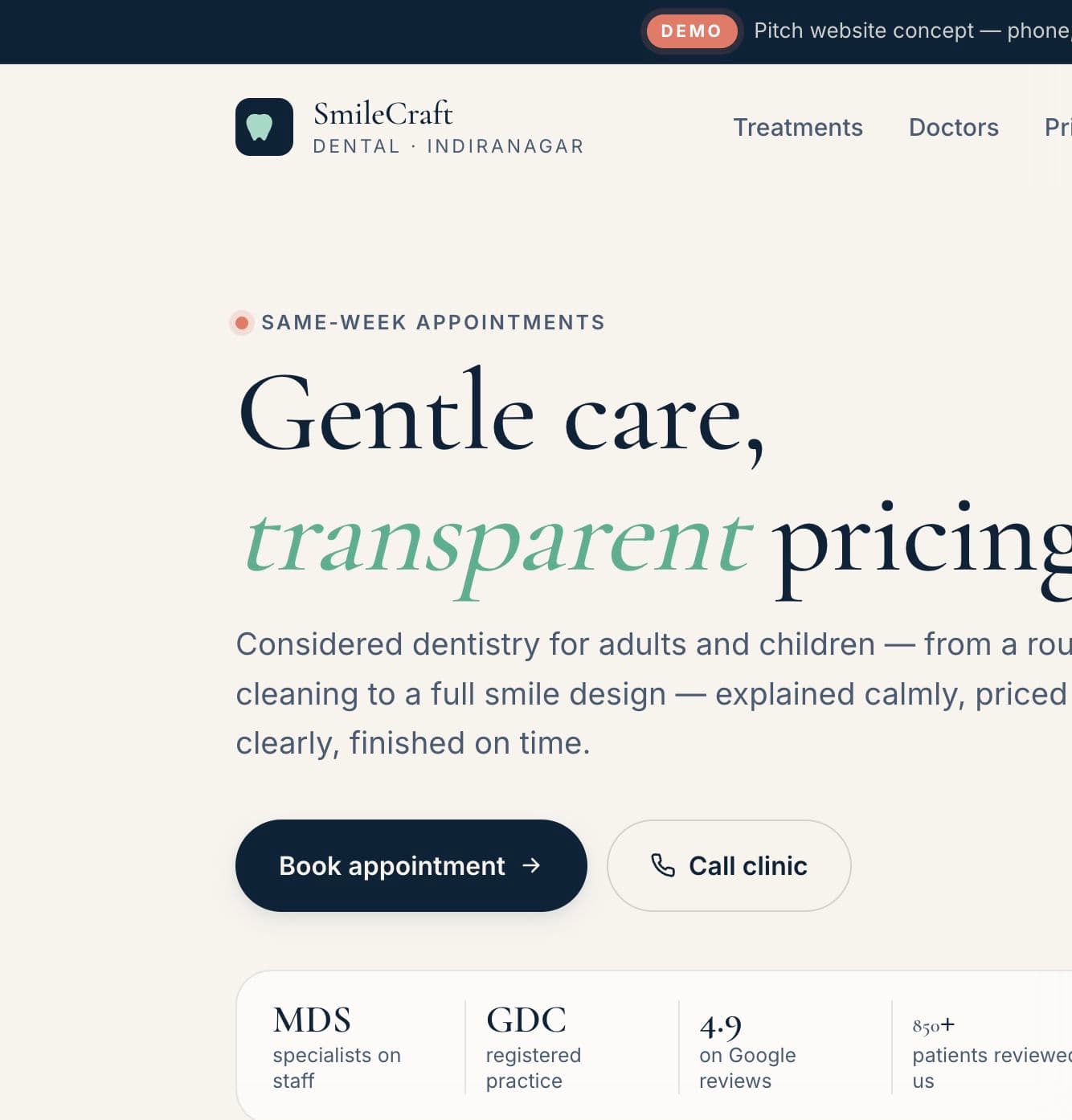 Dental clinic website template preview — SmileCraft Dental by Socialtrafic