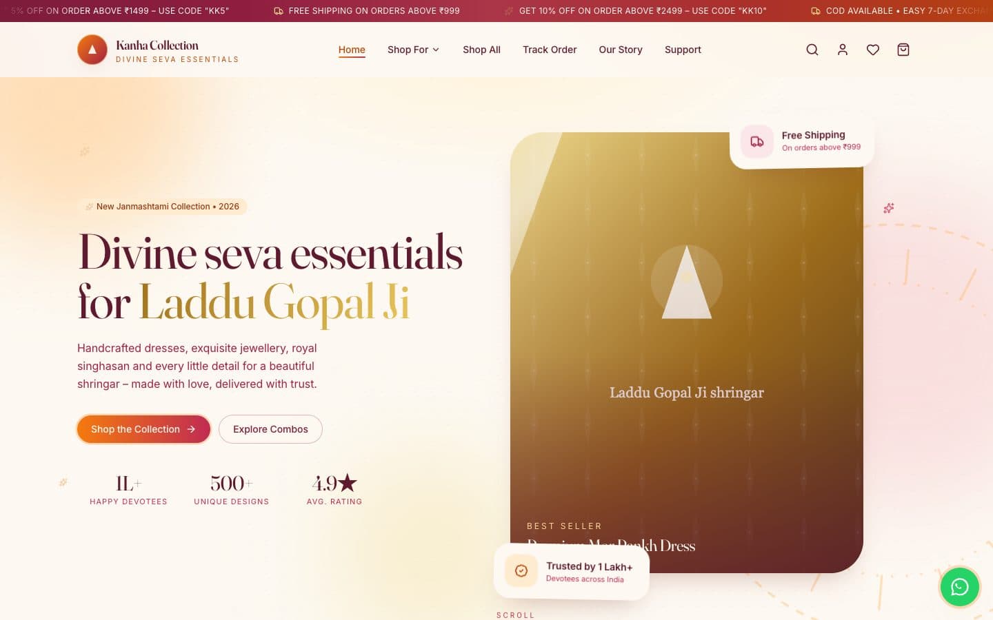Devotional ecommerce website template preview — Kanha Collection by Socialtrafic