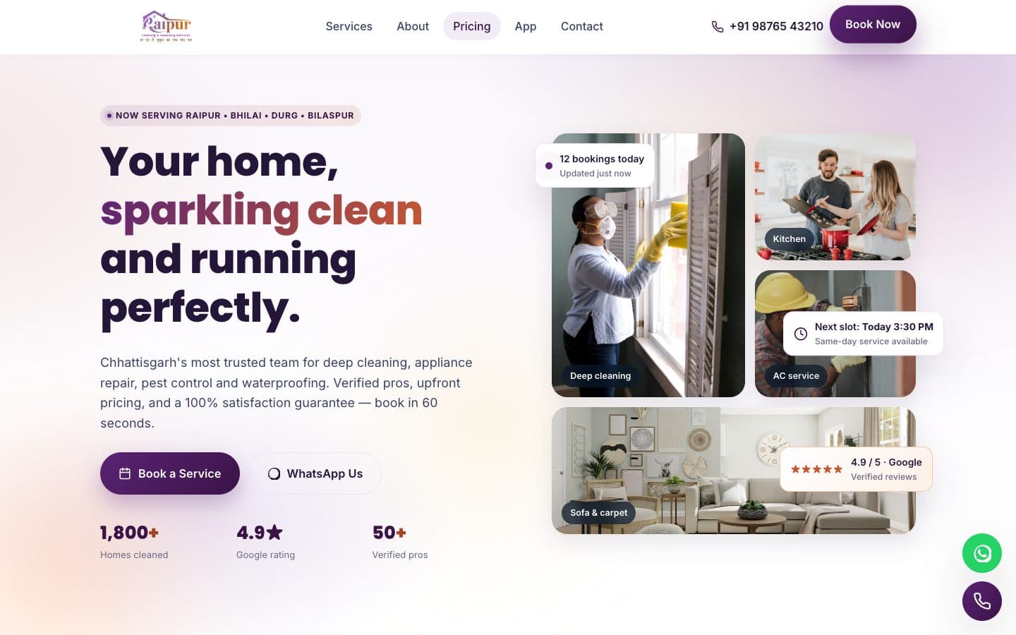Home cleaning website template preview — Raipur Cleaning & Repairing by Socialtrafic