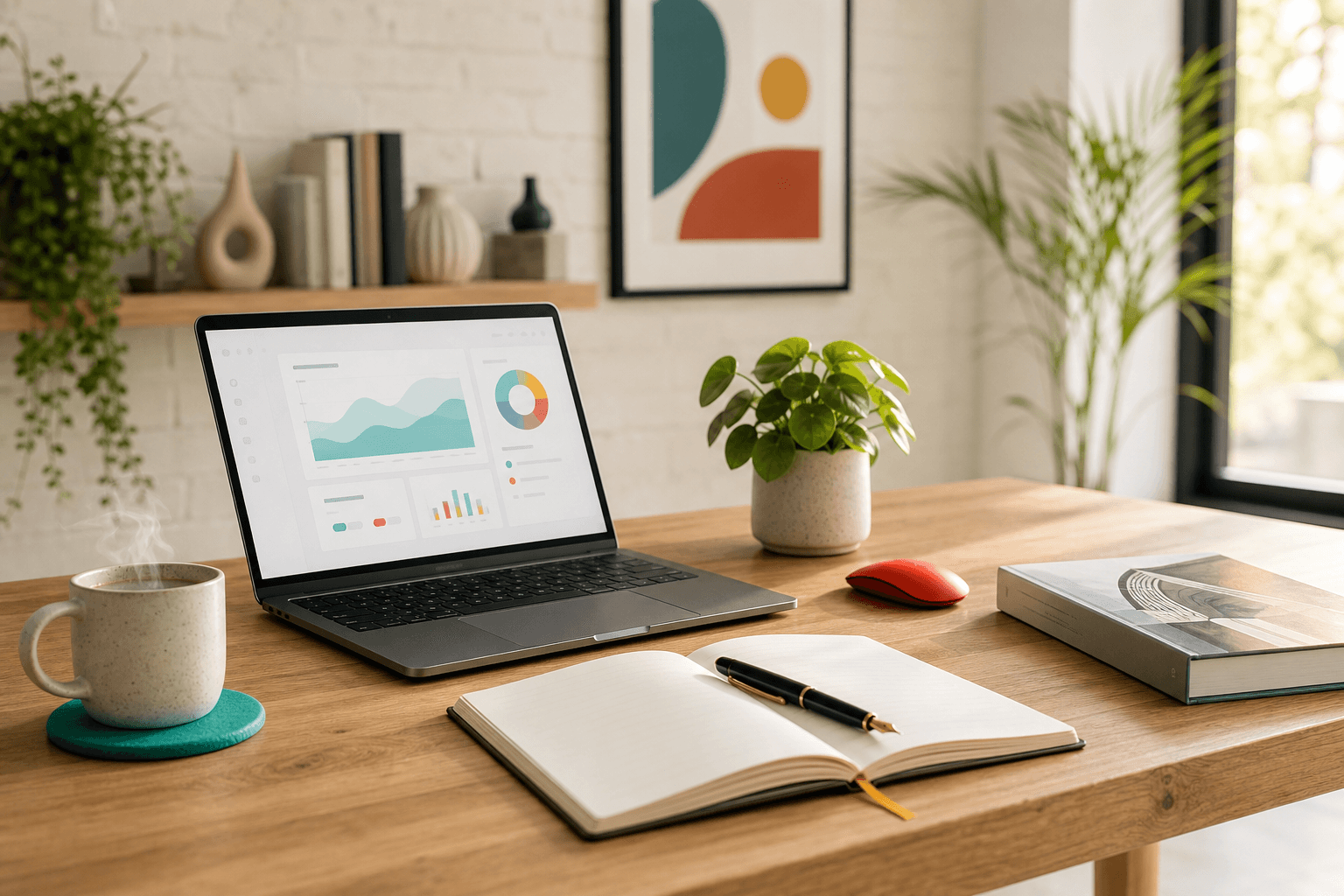 A bright, modern workspace with a laptop showing analytics, an open notebook, a steaming mug and a small plant