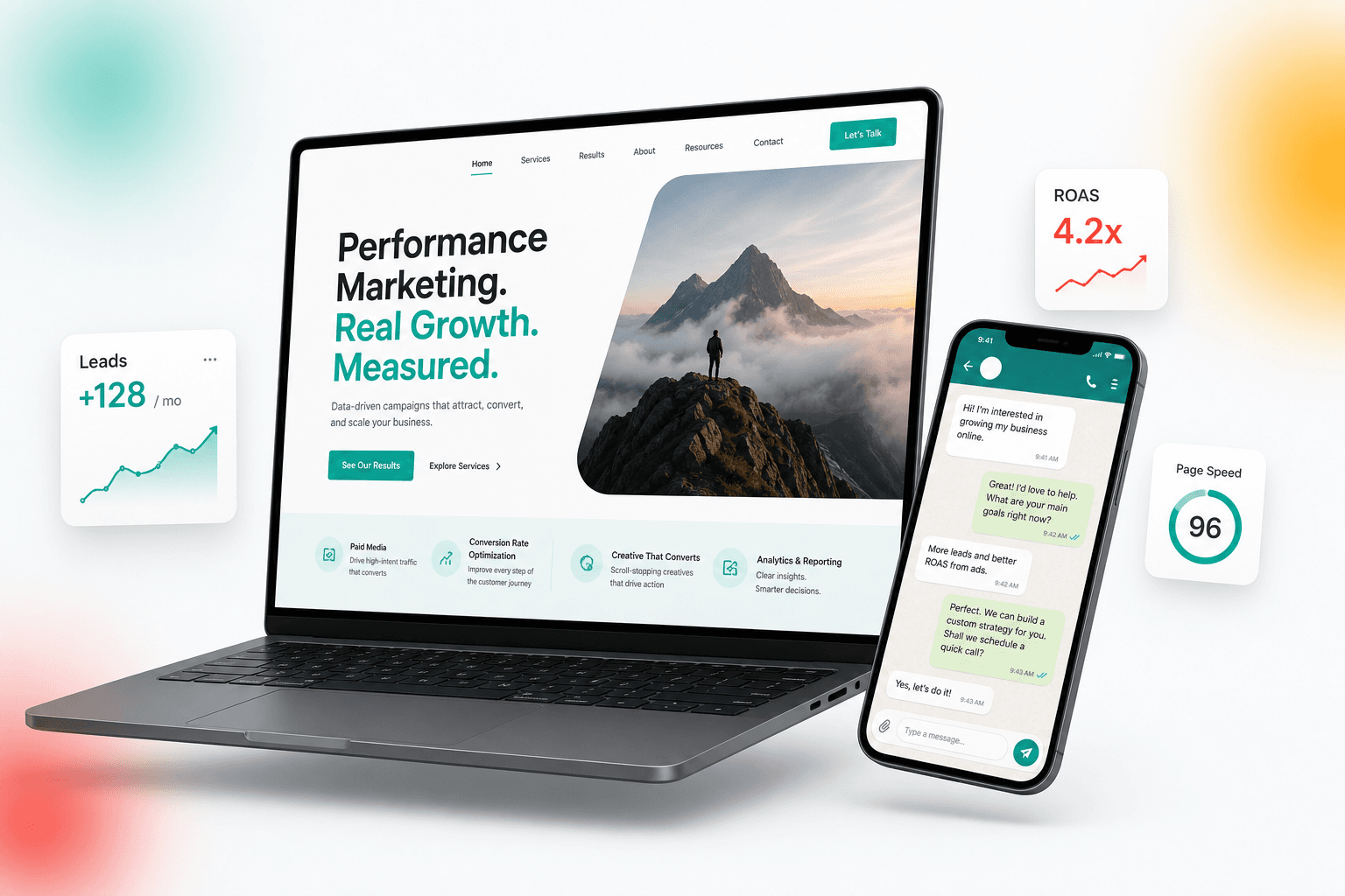 A laptop showing a modern marketing website next to a phone with a WhatsApp lead conversation, surrounded by KPI cards