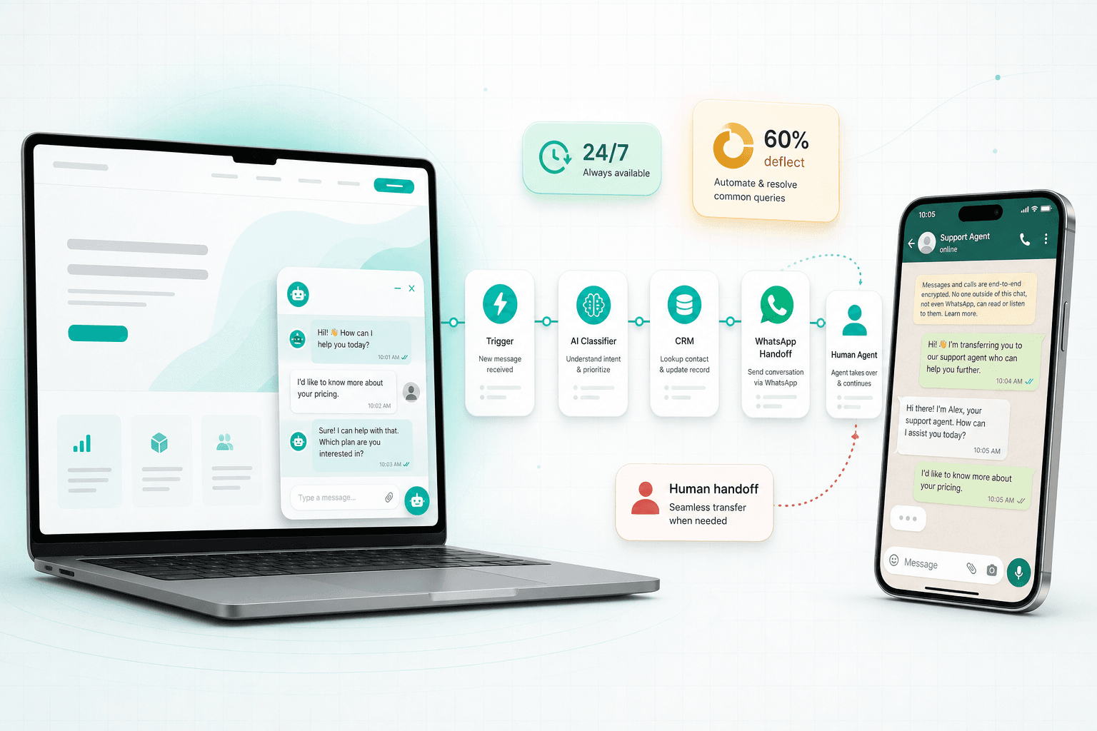 AI chatbot & automation — illustration showing the workspace, dashboards and assets we typically deliver
