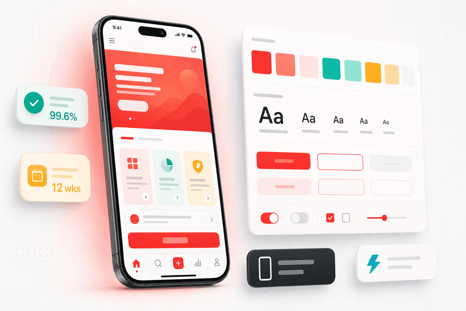 App development — illustration showing the workspace, dashboards and assets we typically deliver