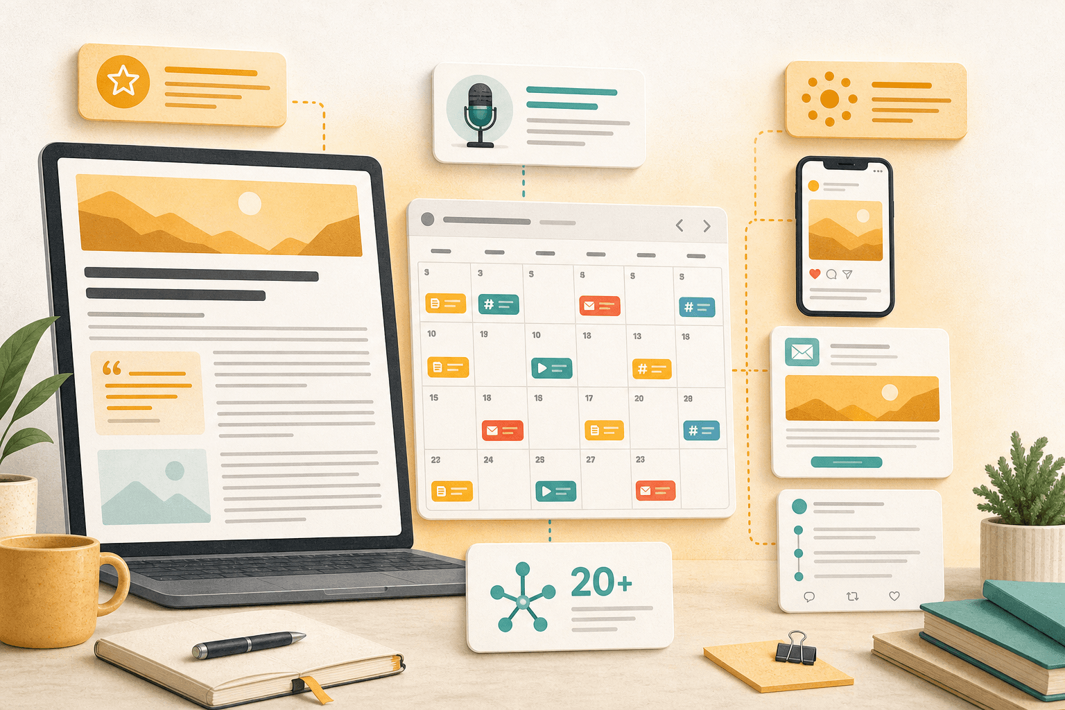 Content marketing — illustration showing the workspace, dashboards and assets we typically deliver