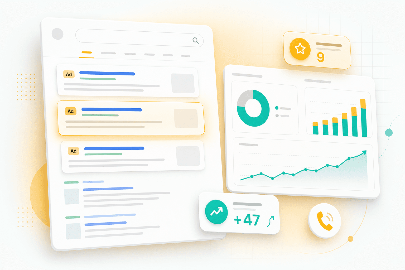 Google ads — illustration showing the workspace, dashboards and assets we typically deliver