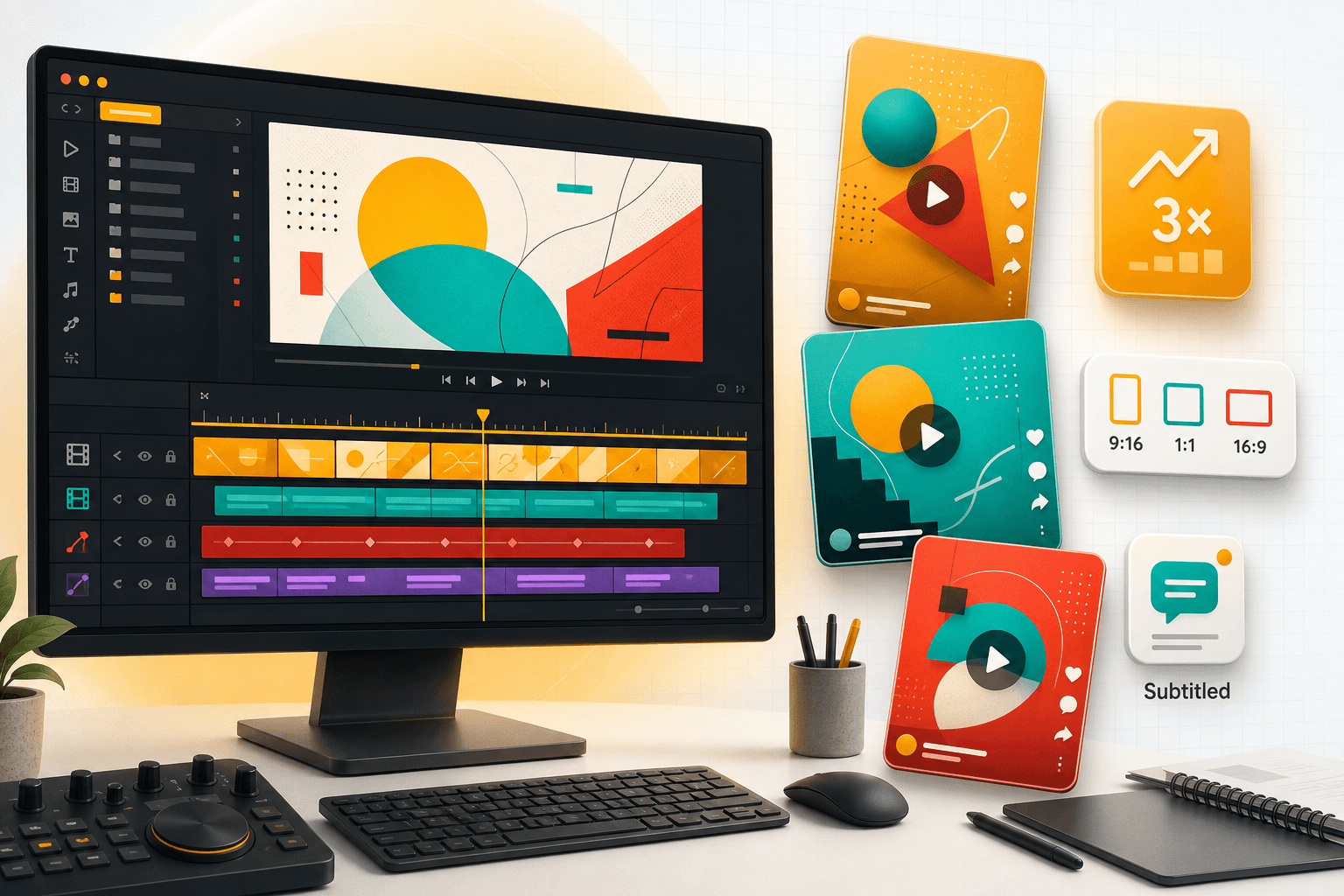 Graphics, video & animation — illustration showing the workspace, dashboards and assets we typically deliver
