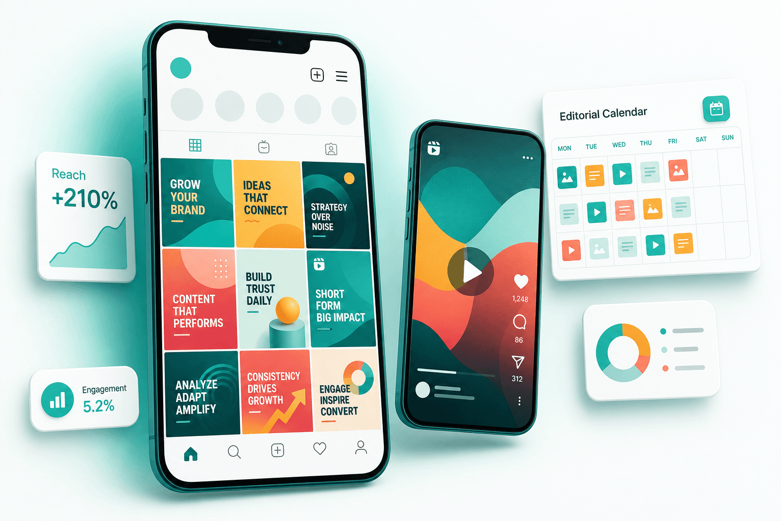 Social media marketing — illustration showing the workspace, dashboards and assets we typically deliver
