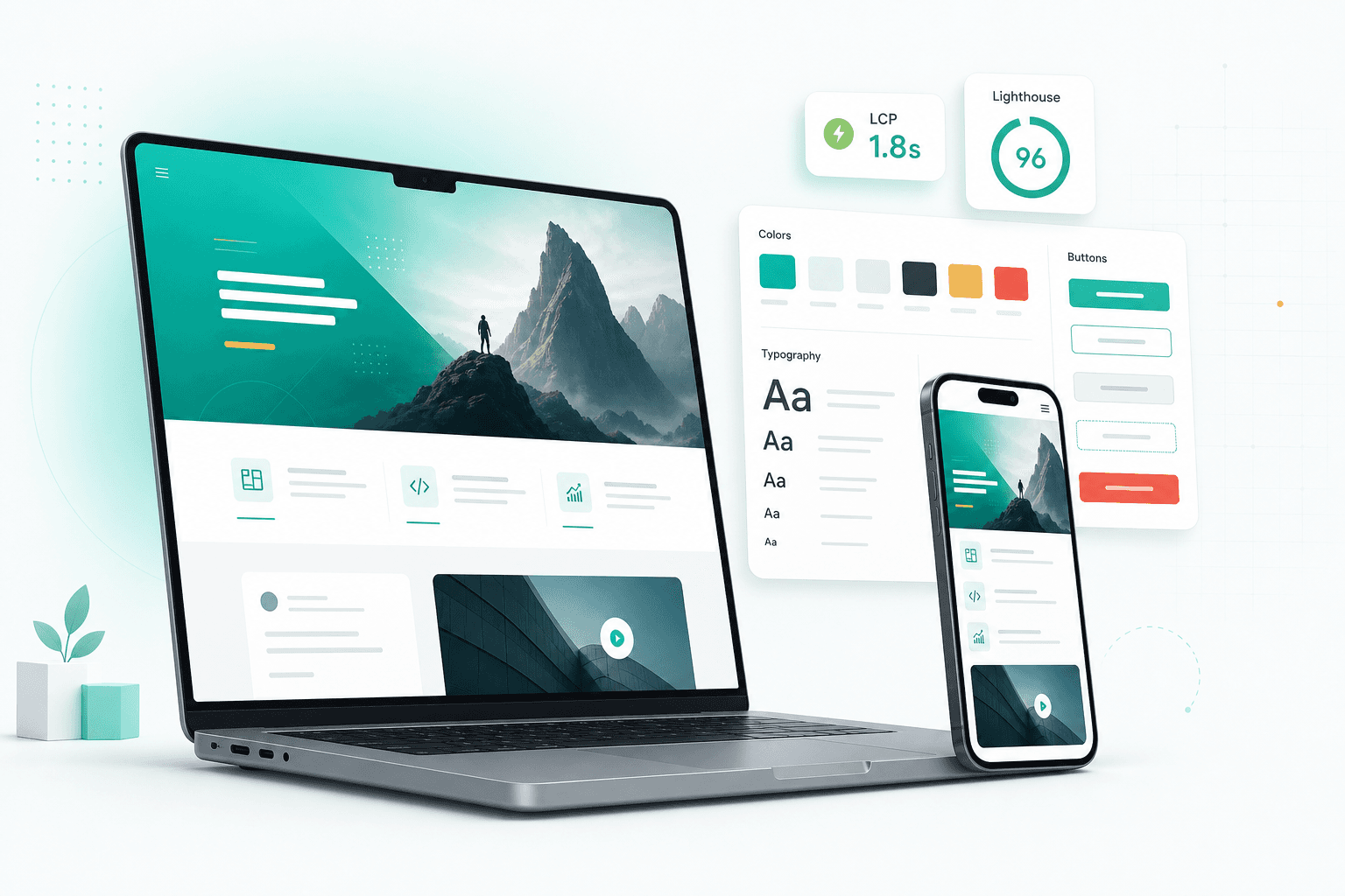 Website design & development — illustration showing the workspace, dashboards and assets we typically deliver