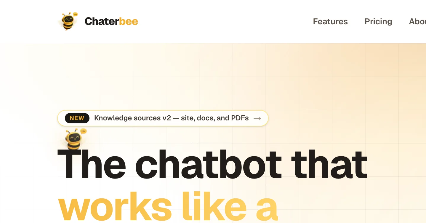 Chaterbee homepage hero — 'The chatbot that works like a worker bee' headline on a soft amber-honey gradient with a bee mascot