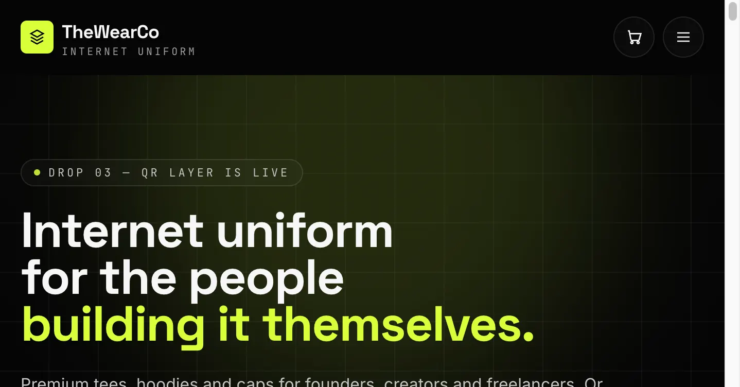 TheWearCo homepage hero — black + lime 'Internet uniform for the people building it themselves'